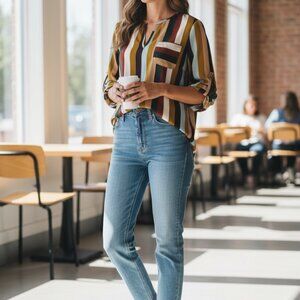 Lily White Earth Tone  Vertical Striped Roll Tab Blouse Size Medium